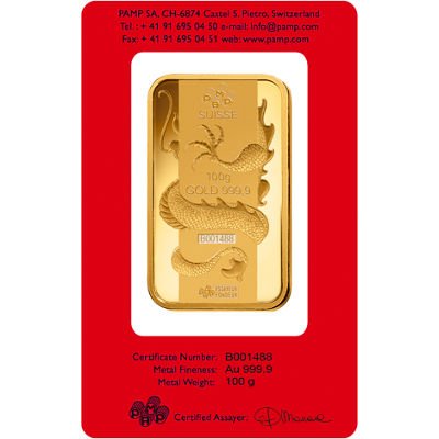 100 Gram PAMP Suisse Lunar Dragon Gold Bar (New w/ Assay) - Image 3