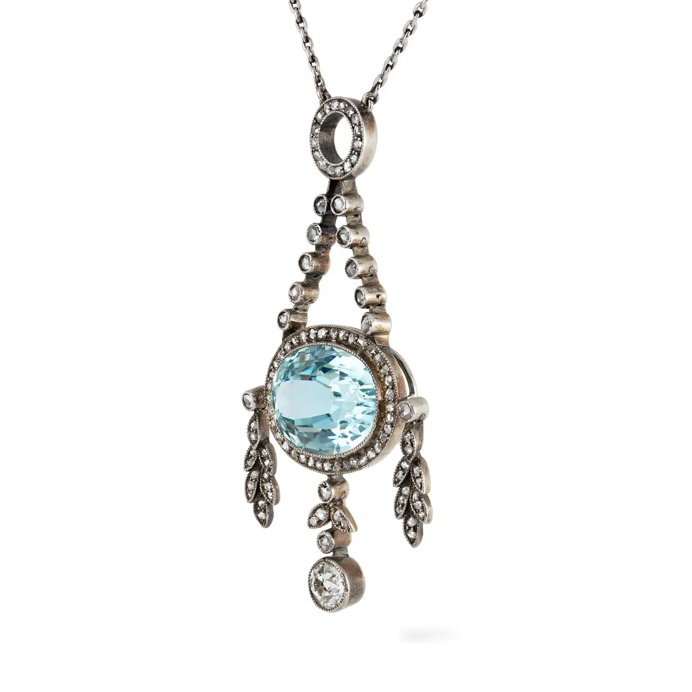 Fabergé Oval Cut Aquamarine Diamond Platinum Gold Pendant Necklace - Image 3