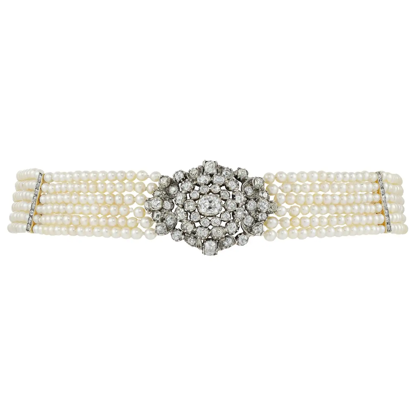 Late Georgian Six-Row Natural Pearl and Diamond Collar Necklace - Image 3