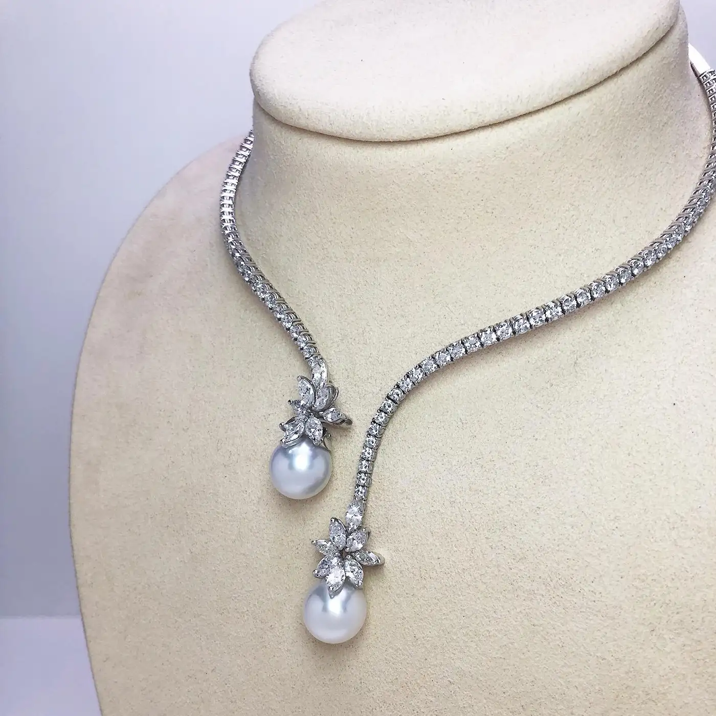 Platinum Spring Wire Necklace with Diamonds and Twin South Sea Pearl Drops - Image 2
