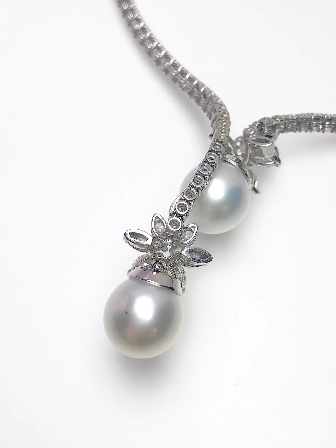 Platinum Spring Wire Necklace with Diamonds and Twin South Sea Pearl Drops - Image 6