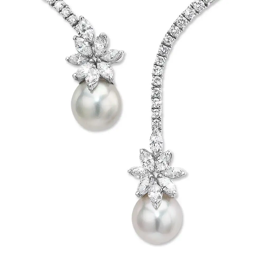 Platinum Spring Wire Necklace with Diamonds and Twin South Sea Pearl Drops - Image 8