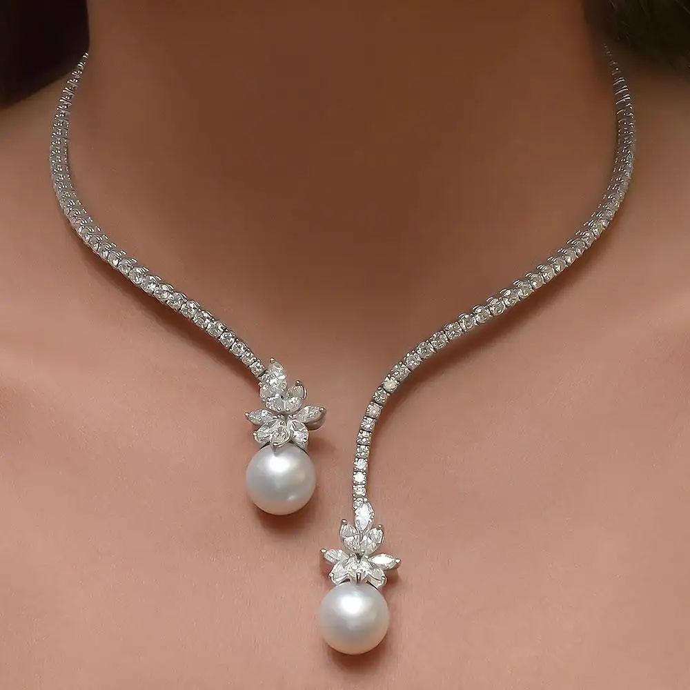 Platinum Spring Wire Necklace with Diamonds and Twin South Sea Pearl Drops - Image 4