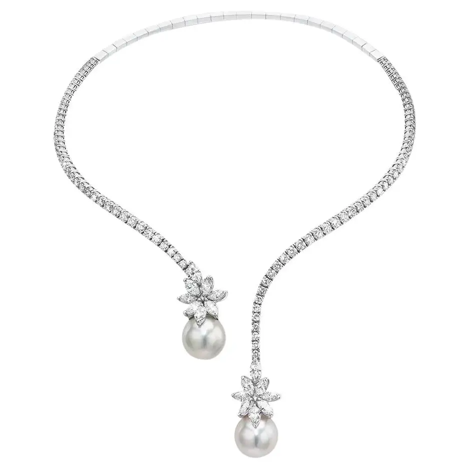 Platinum Spring Wire Necklace with Diamonds and Twin South Sea Pearl Drops - Image 3